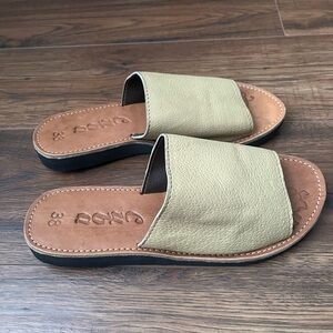 Women's Tan Leather Slides Butter Yellow‎ Summer Vacation Minimalist Boho 8
